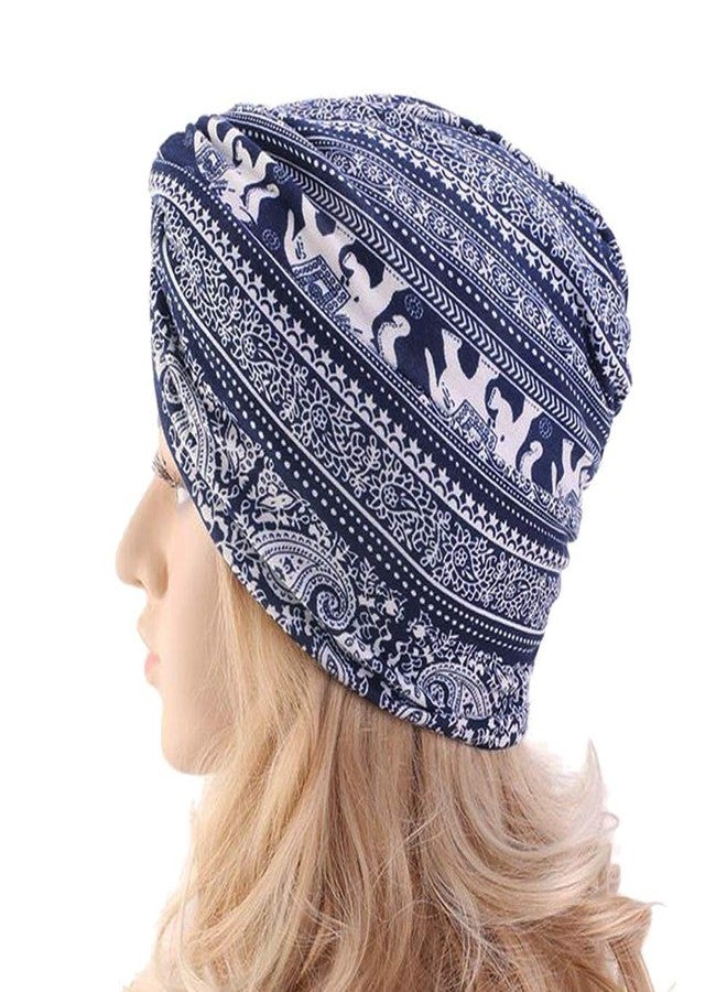 DECOU Elephant Printed Twist Pleated Hair Wrap Stretch Turban E234 (Navy) - Image 5